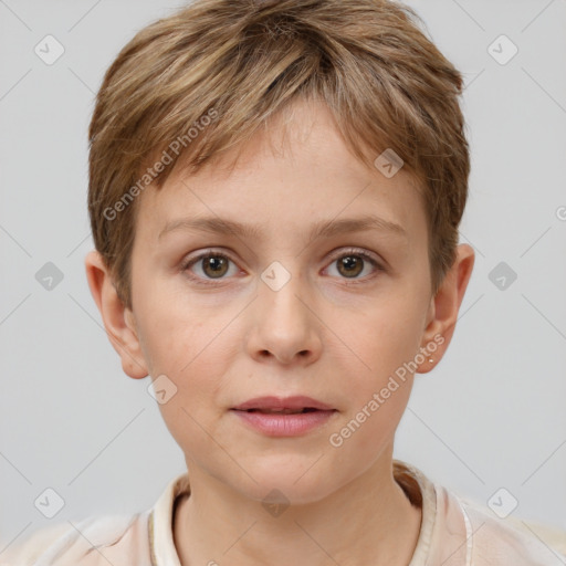 Neutral white child female with short  brown hair and grey eyes