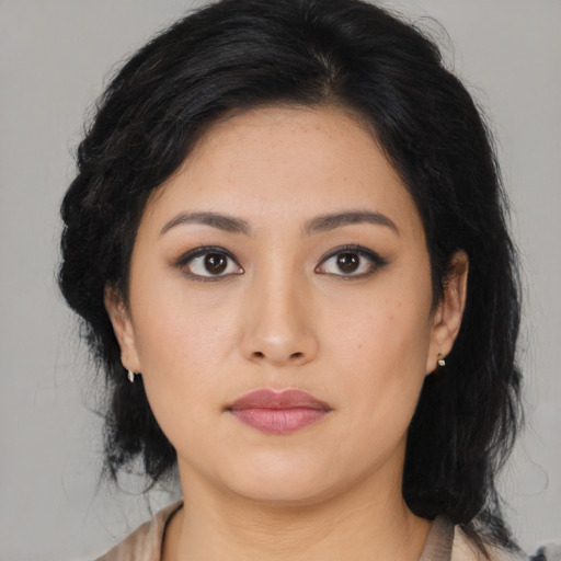 Neutral asian young-adult female with medium  black hair and brown eyes