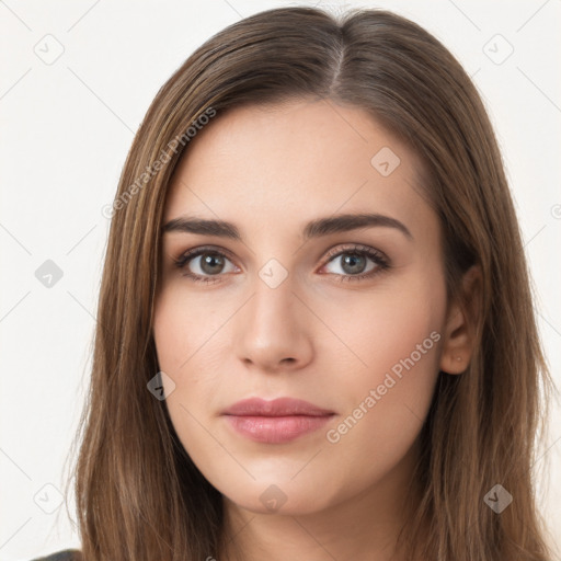 Neutral white young-adult female with long  brown hair and brown eyes