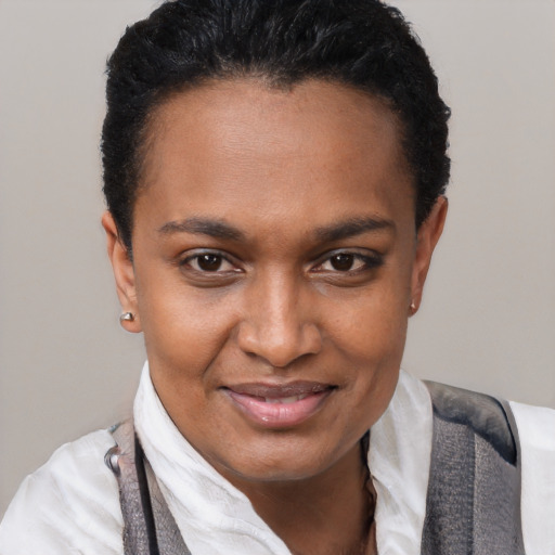 Joyful black young-adult female with short  brown hair and brown eyes