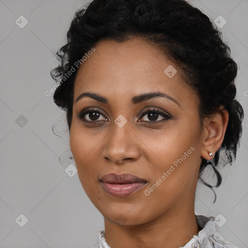 Joyful black young-adult female with medium  black hair and brown eyes