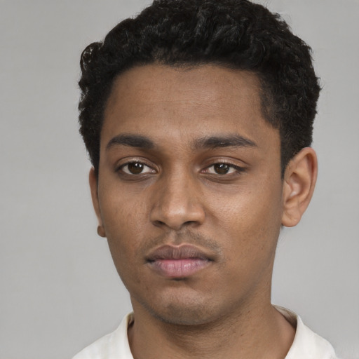 Neutral black young-adult male with short  black hair and brown eyes