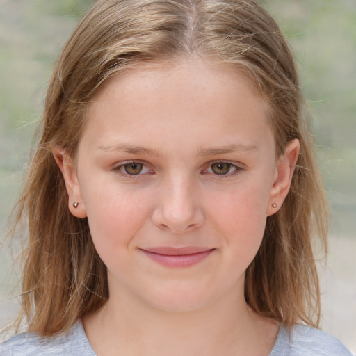 Joyful white child female with medium  brown hair and blue eyes