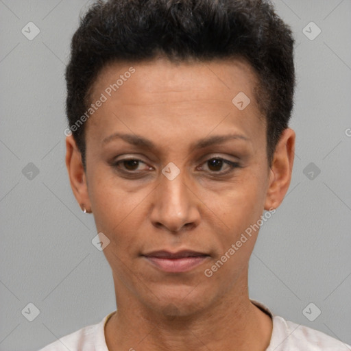 Neutral latino adult female with short  brown hair and brown eyes