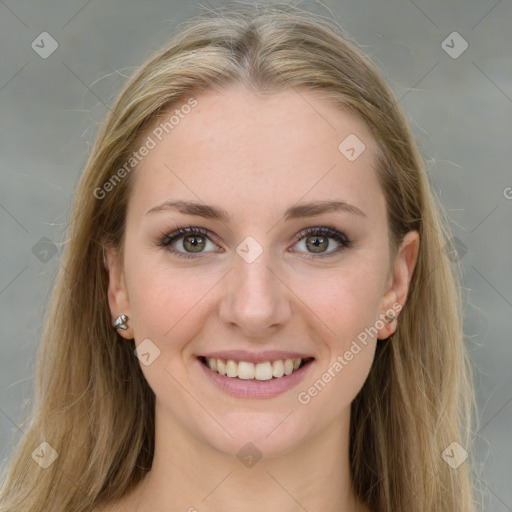 Joyful white young-adult female with long  brown hair and grey eyes