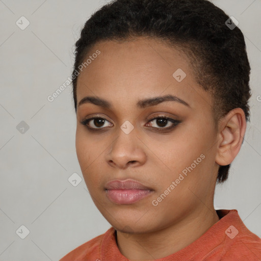 Neutral black young-adult female with short  brown hair and brown eyes