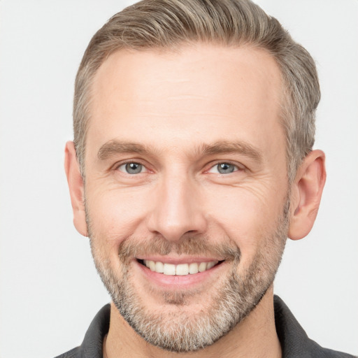 Joyful white adult male with short  brown hair and grey eyes