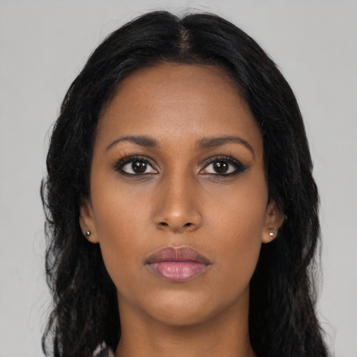 Neutral asian young-adult female with long  black hair and brown eyes