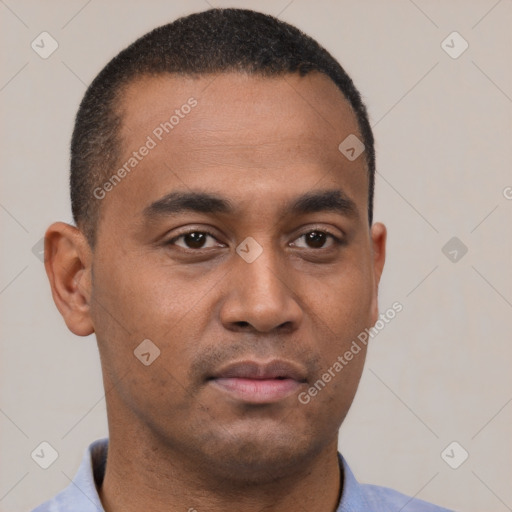Neutral latino young-adult male with short  brown hair and brown eyes