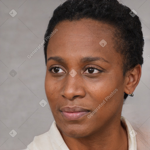 Joyful black young-adult female with short  black hair and brown eyes