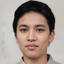 Neutral asian young-adult male with short  black hair and brown eyes