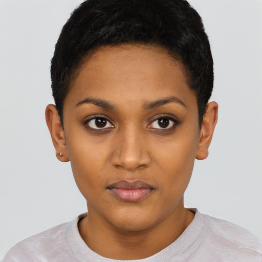 Neutral black young-adult female with short  black hair and brown eyes