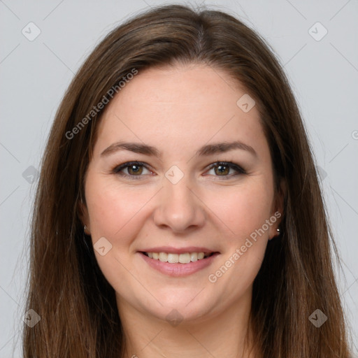 Joyful white young-adult female with long  brown hair and grey eyes