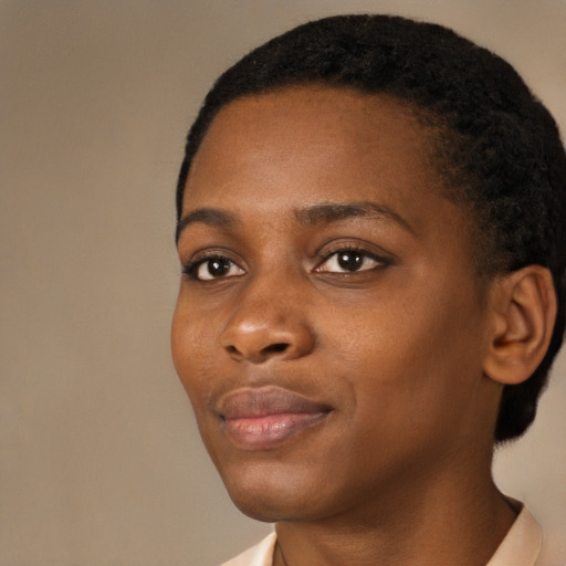 Neutral black young-adult female with short  black hair and brown eyes