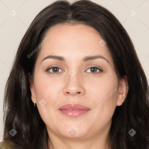 Joyful white young-adult female with long  brown hair and brown eyes