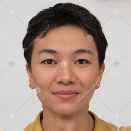 Joyful white young-adult female with short  brown hair and brown eyes