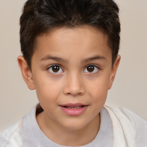 Joyful white child female with short  brown hair and brown eyes