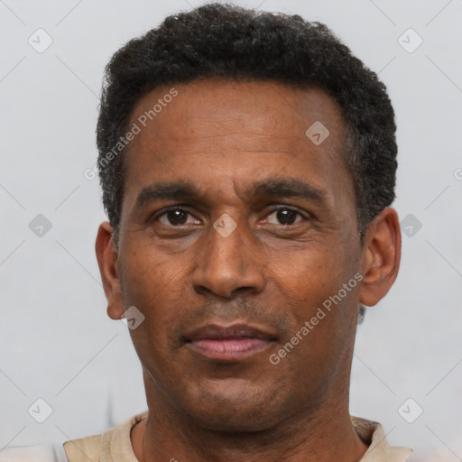 Neutral black adult male with short  black hair and brown eyes