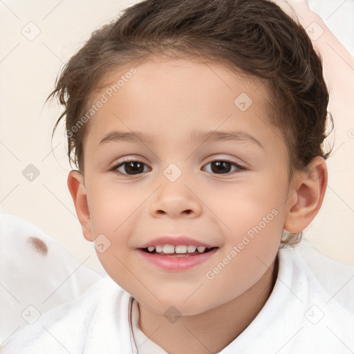 Joyful white child female with short  brown hair and brown eyes