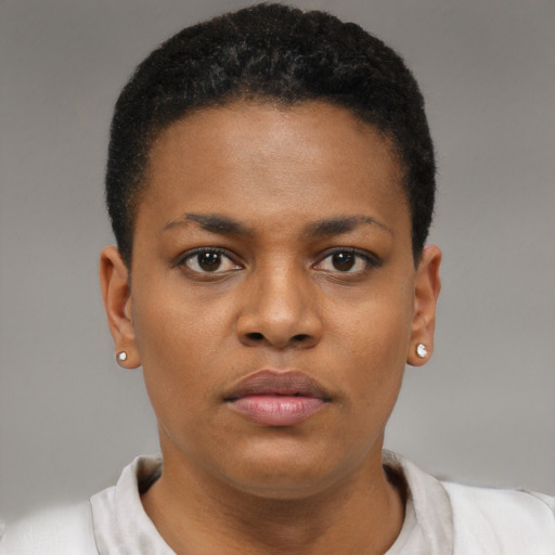 Neutral black young-adult female with short  brown hair and brown eyes