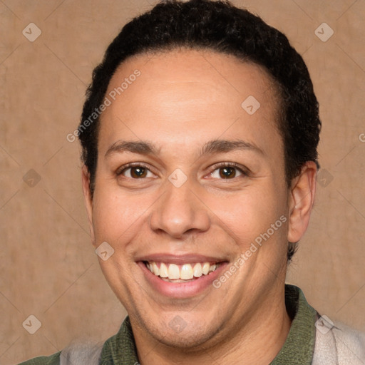 Joyful white adult male with short  brown hair and brown eyes