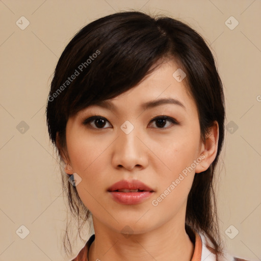 Neutral asian young-adult female with medium  brown hair and brown eyes