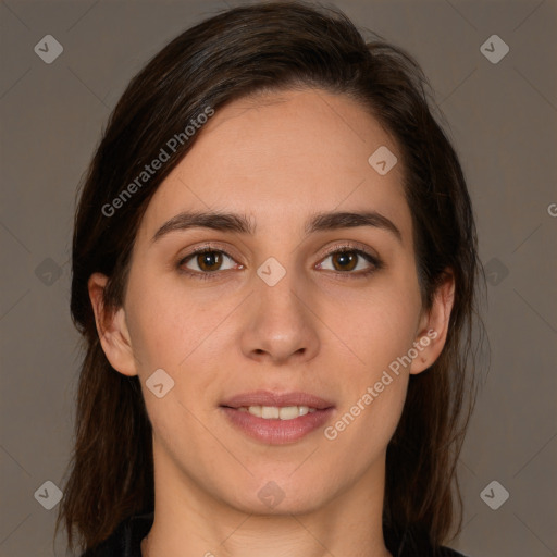 Joyful white young-adult female with medium  brown hair and brown eyes