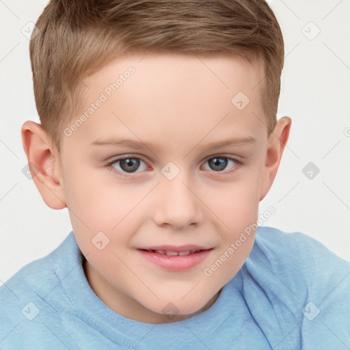 Joyful white child male with short  brown hair and brown eyes