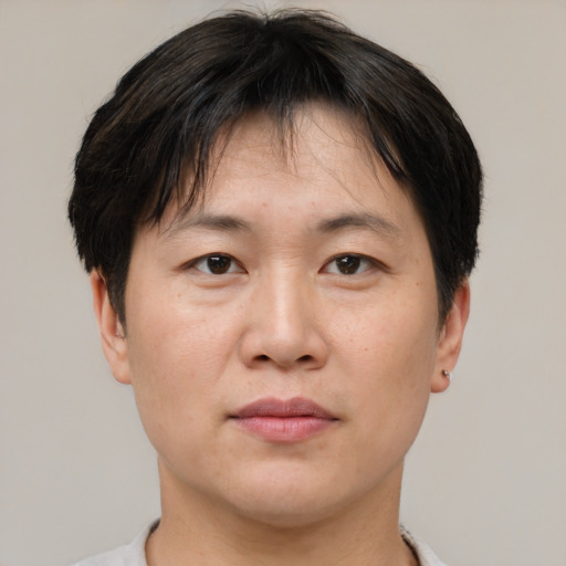 Joyful asian adult male with short  brown hair and brown eyes