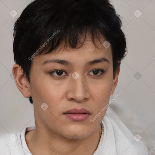 Neutral asian young-adult female with short  brown hair and brown eyes