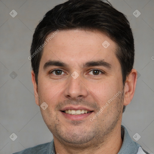 Joyful white young-adult male with short  brown hair and brown eyes