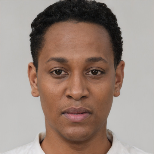 Joyful black young-adult female with short  black hair and brown eyes