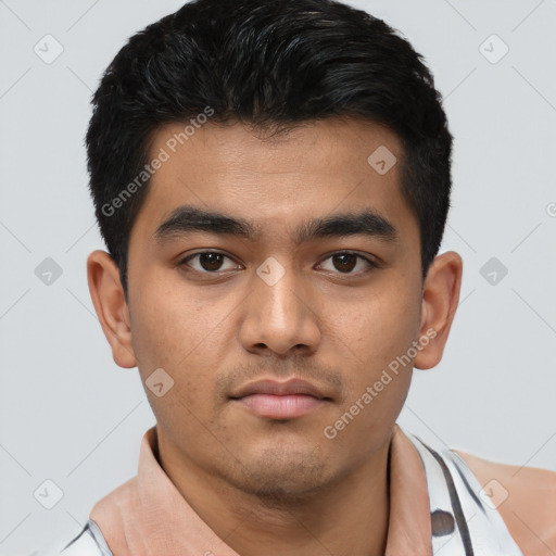 Neutral latino young-adult male with short  black hair and brown eyes