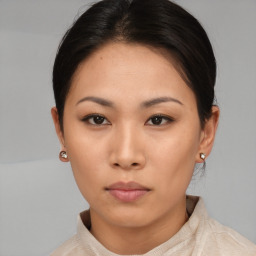 Neutral asian young-adult female with short  brown hair and brown eyes