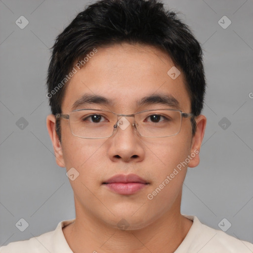 Neutral asian young-adult male with short  brown hair and brown eyes