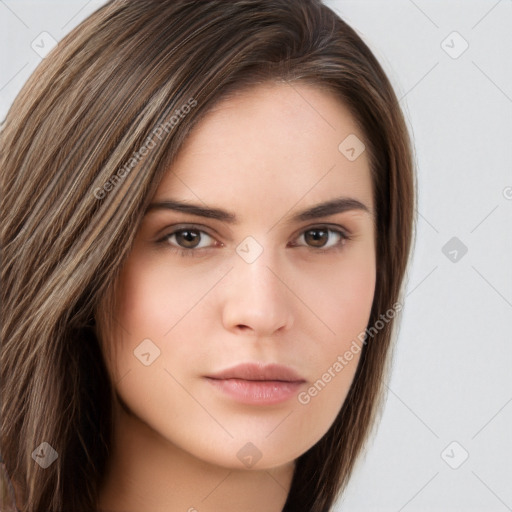 Neutral white young-adult female with long  brown hair and brown eyes