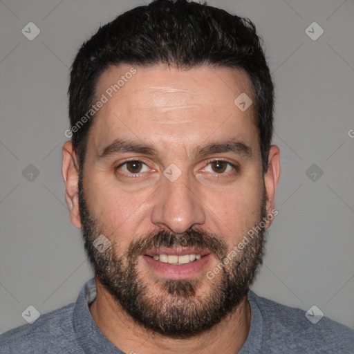 Joyful white young-adult male with short  black hair and brown eyes