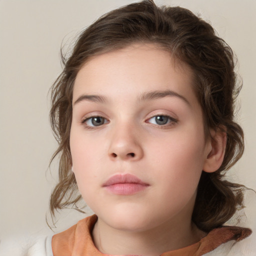 Neutral white child female with medium  brown hair and grey eyes