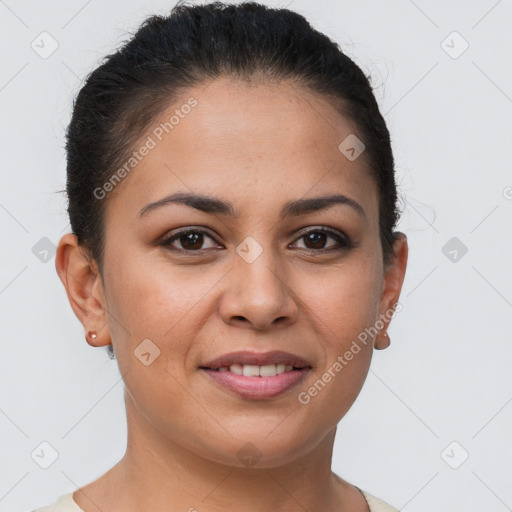 Joyful white young-adult female with short  brown hair and brown eyes