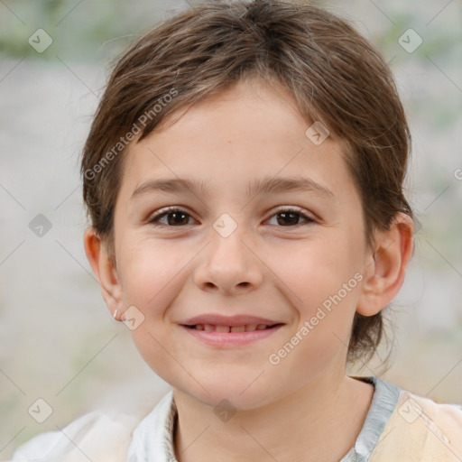 Joyful white child female with medium  brown hair and brown eyes