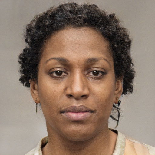 Joyful black adult female with short  brown hair and brown eyes