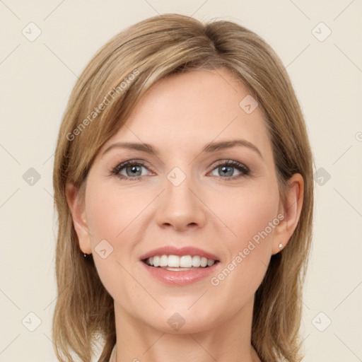 Joyful white young-adult female with long  brown hair and grey eyes