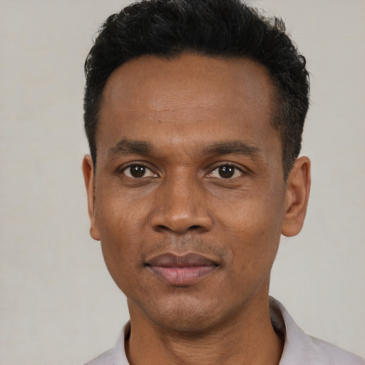 Neutral black young-adult male with short  black hair and brown eyes