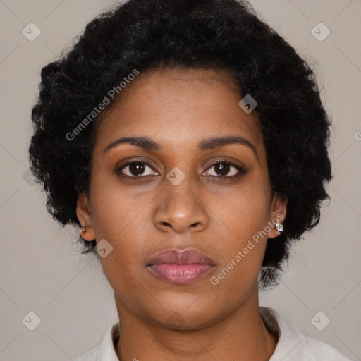 Neutral black young-adult female with short  black hair and brown eyes