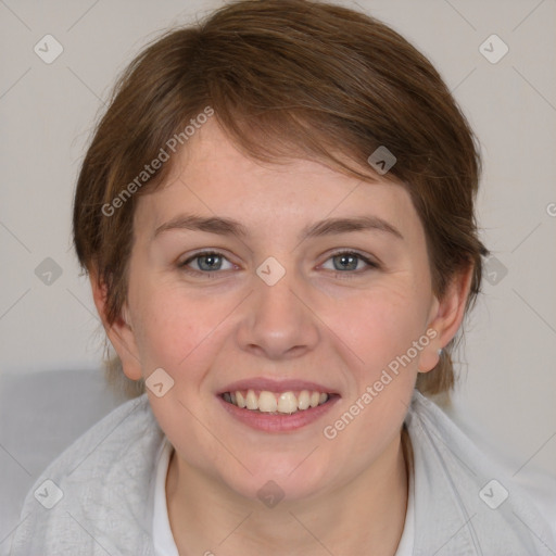 Joyful white young-adult female with medium  brown hair and blue eyes