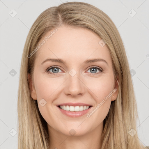 Joyful white young-adult female with long  brown hair and grey eyes