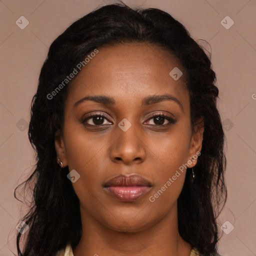 Neutral black young-adult female with long  brown hair and brown eyes