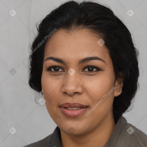 Joyful asian adult female with medium  brown hair and brown eyes