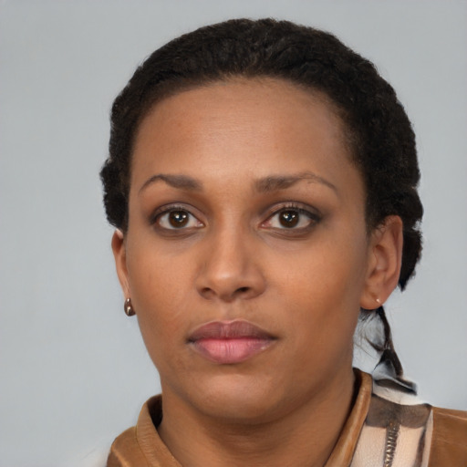 Neutral black young-adult female with short  brown hair and brown eyes