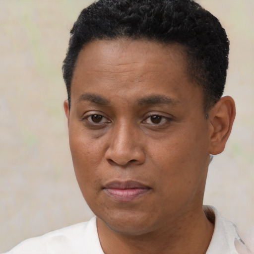 Neutral black young-adult male with short  black hair and brown eyes